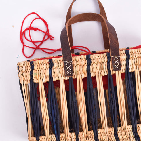 Handwoven French Basket With Blue Stripe - Eco-Friendly & Versatile Tote
